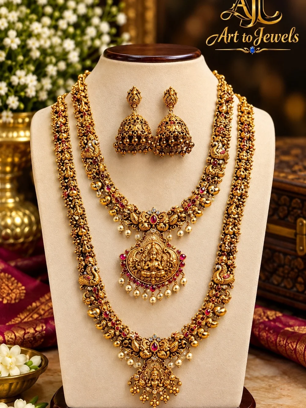 Gold-Tone Temple Necklace Set with Red Accents